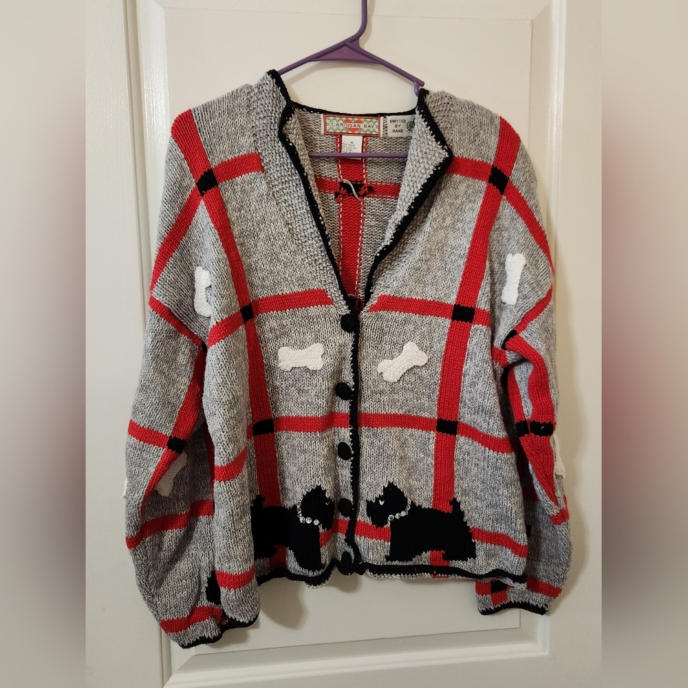 Vintage Knitted By Hand Cadigan Bay Dog/Bone Plaid Cardigan